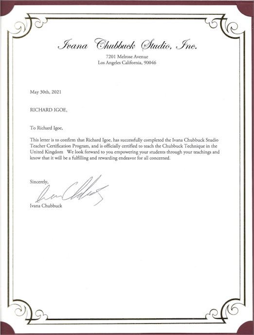 Teaching certificate signed by Ivana Chubbuck